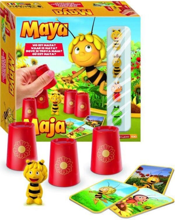 Studio 100 Spel: Waar is Maya? Maya de Bij en haar vriendjes hebben zich verstopt. Kun jij ze vinden? De vier leuke speelfiguurtjes verdwijnen onder de bekers. Dan worden ze allemaal door elkaar geschud. Weet je nu nog waar Maya is? Een leuk geheugenspel voor groot en klein. Inhoud: 5 potjes, 4 spelfiguren, 28 kaartjes, spelregels. Geschikt voor kinderen vanaf 4 jaar. Productspecificaties